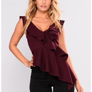 Asymmetrical burgandy ruffel top
